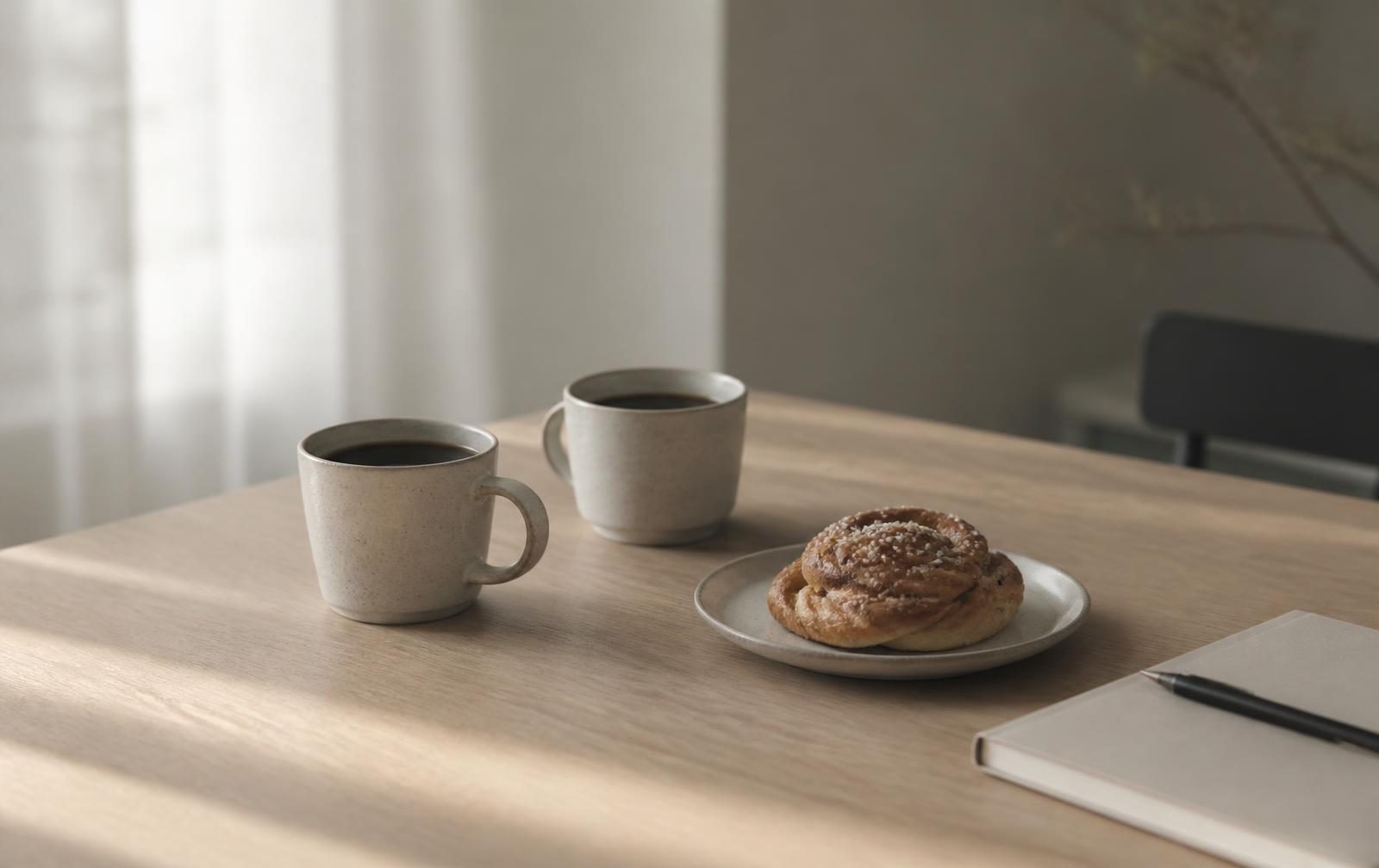 Two cups of coffee and a cinnamon bun on a wooden table