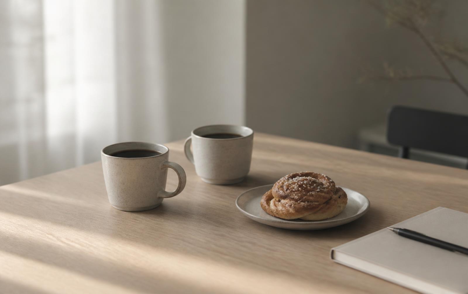 Two cups of coffee and a cinnamon bun on a wooden table